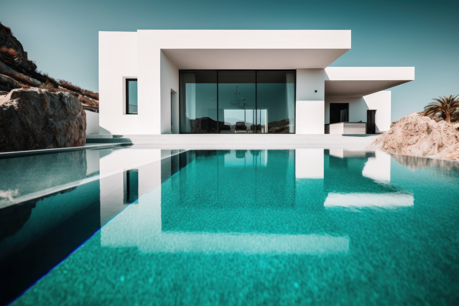 Design house - modern villa with open plan living and private bedroom wing. Large terrace with privacy and, swimming pool. Generative AI.